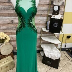 Madison James Beaded Green Evening Gown